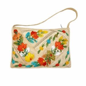 Vintage Jamaica Raffia Floral Embroidery Straw Bag